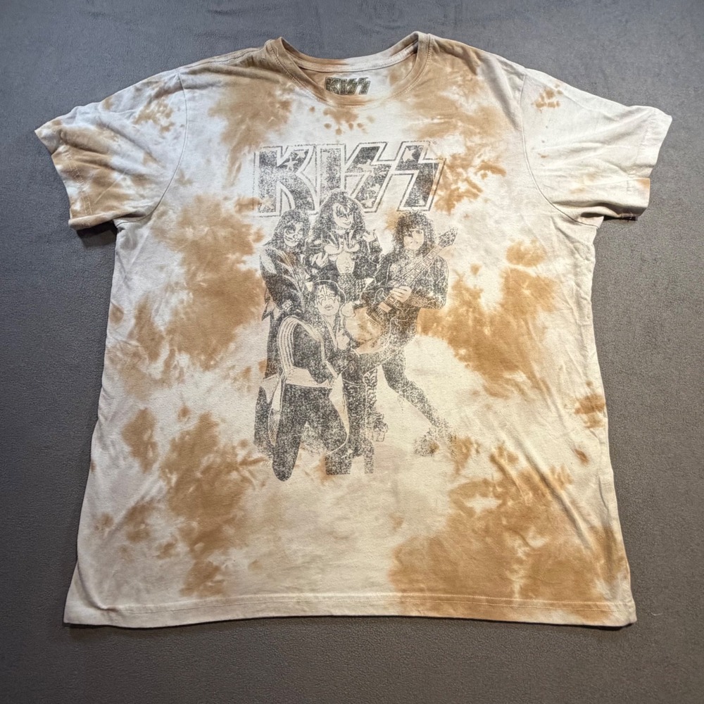 KISS Band Graphic T-Shirt Mens XL Tan White Tie Dye Short Sleeve Rock Tee 2022